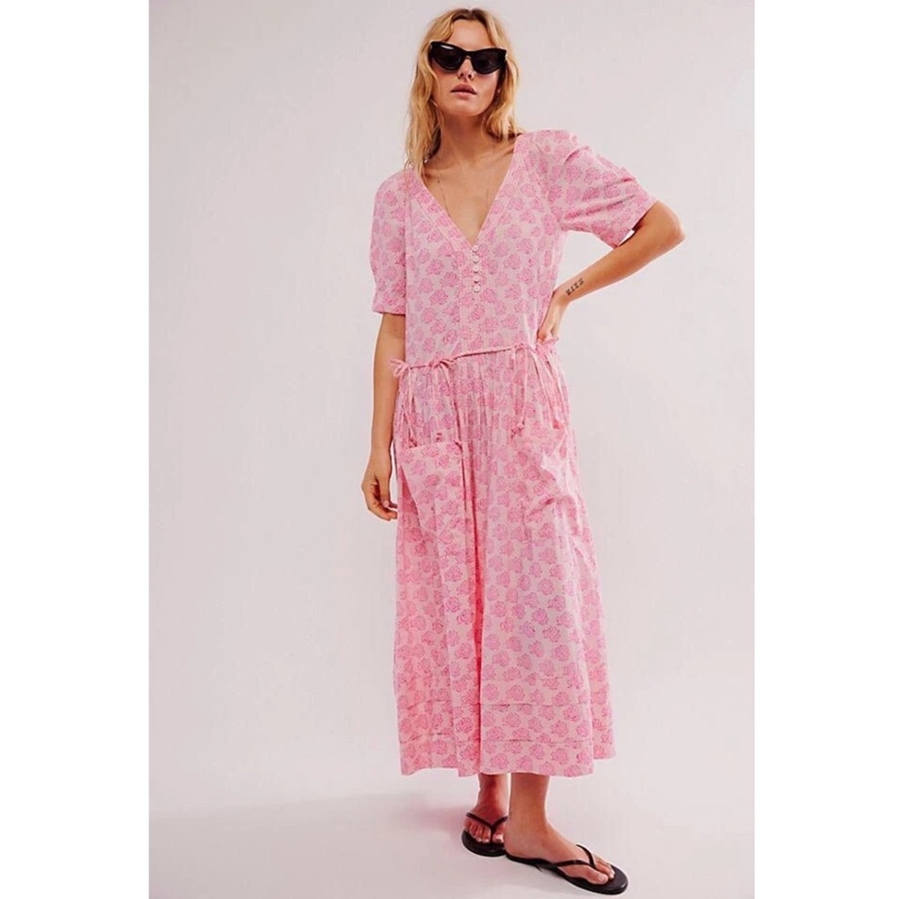 Free People There She Goes Midi Dress (S) NWT Pink Combo